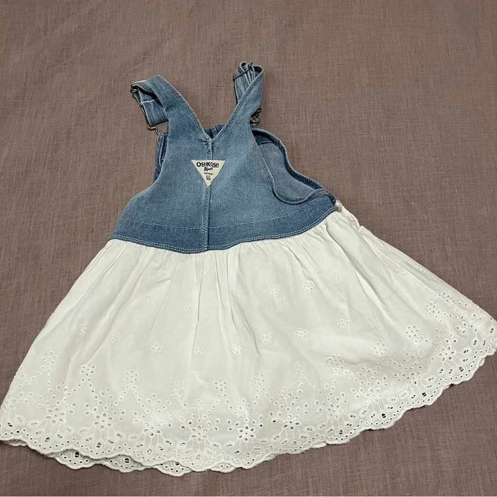 OshKosh B'gosh Two Matching Blue White Eyelet Dresses Size 3T Twins Sisters